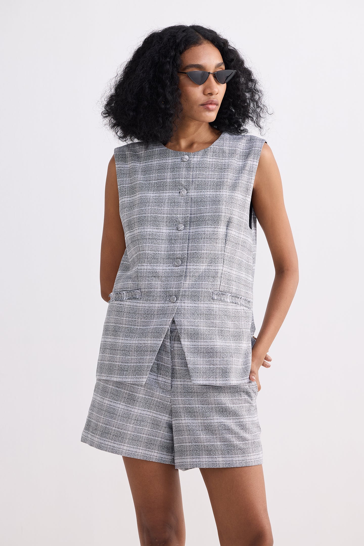 Cotton Tweed Vest Jacket and Shorts Set in Grey