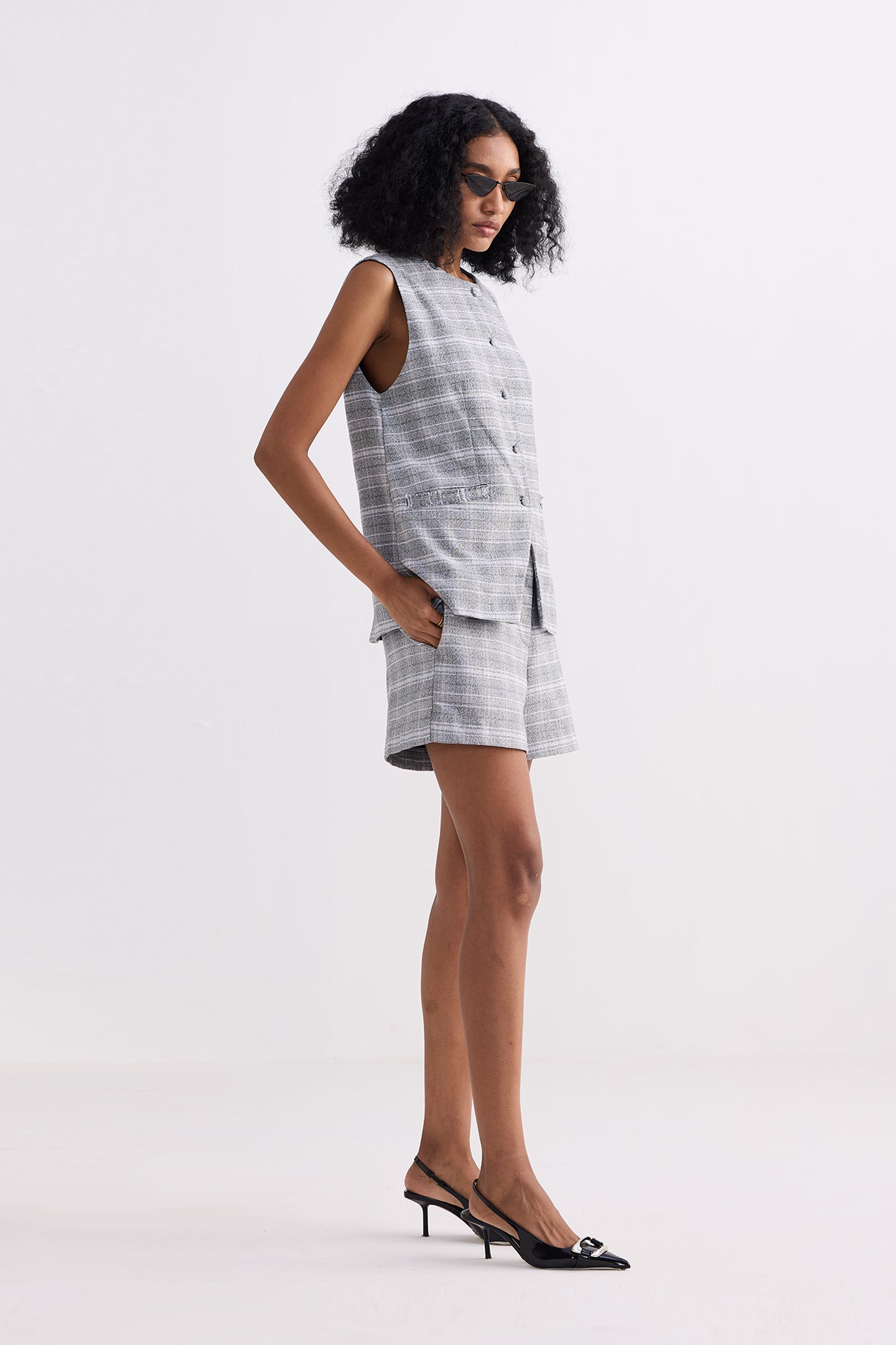 Cotton Tweed Vest Jacket and Shorts Set in Grey