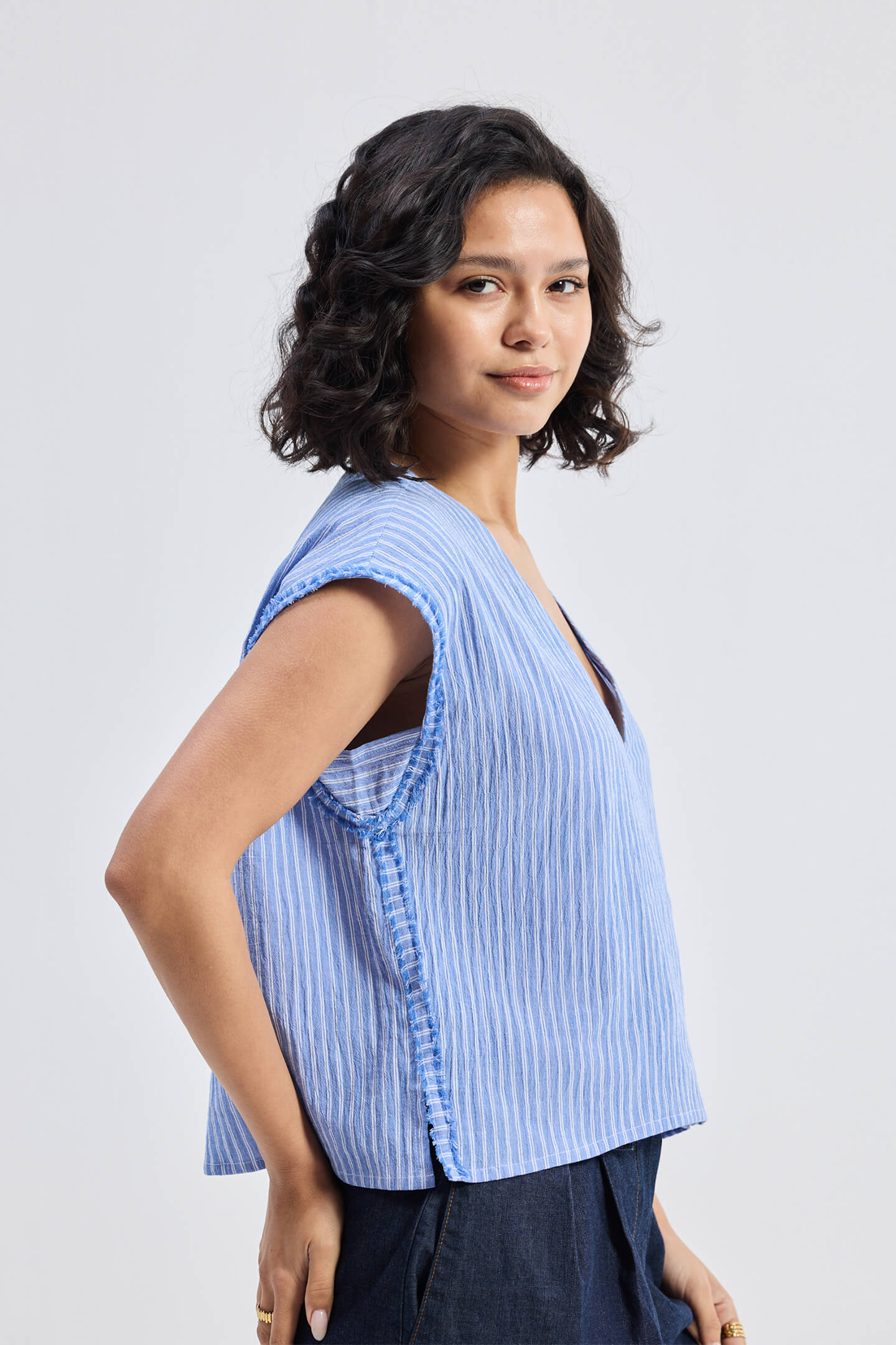 Boxy V-neck Top with Fray Detail
