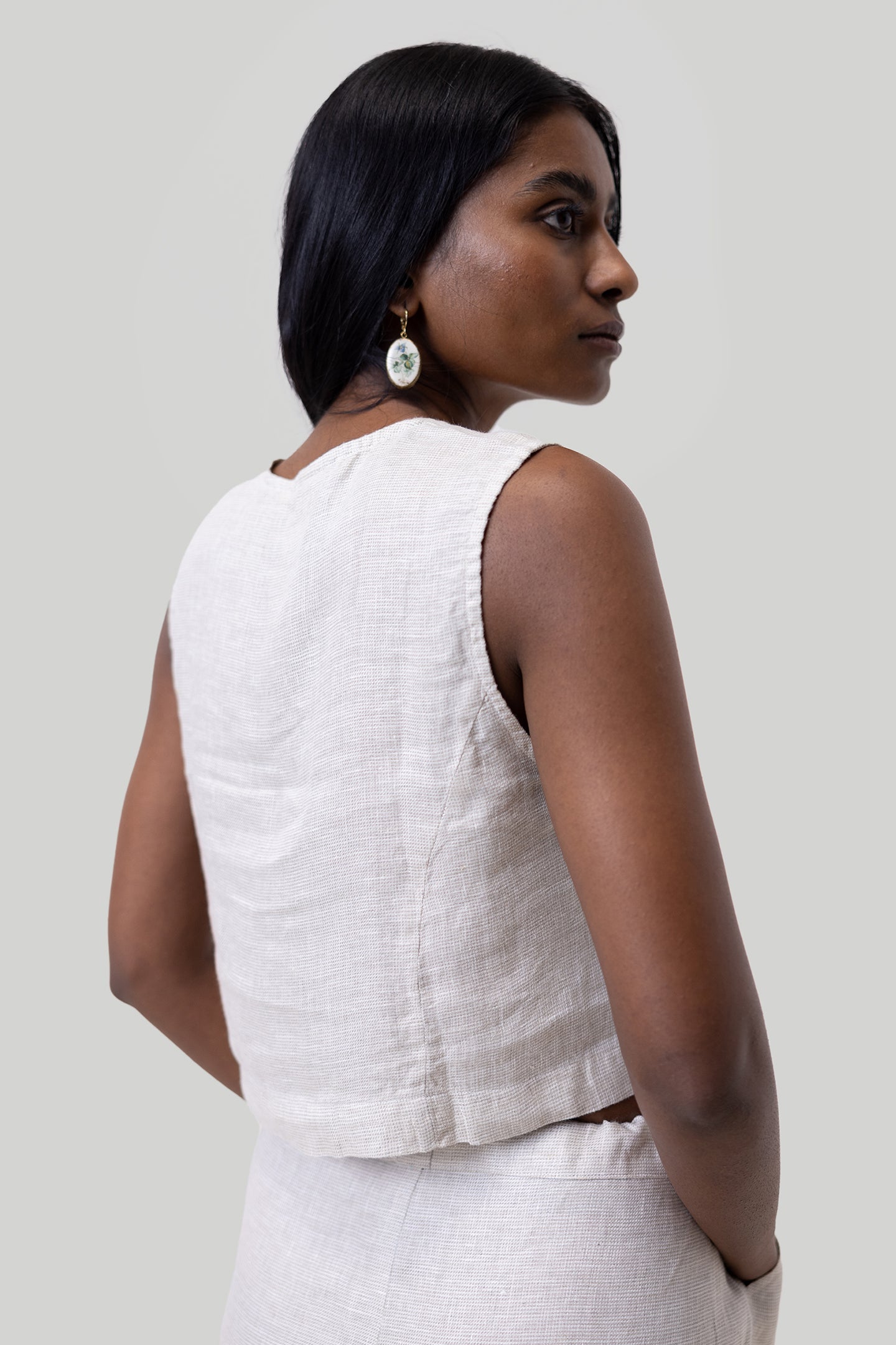 Cropped Linen Vest Top in Ecru