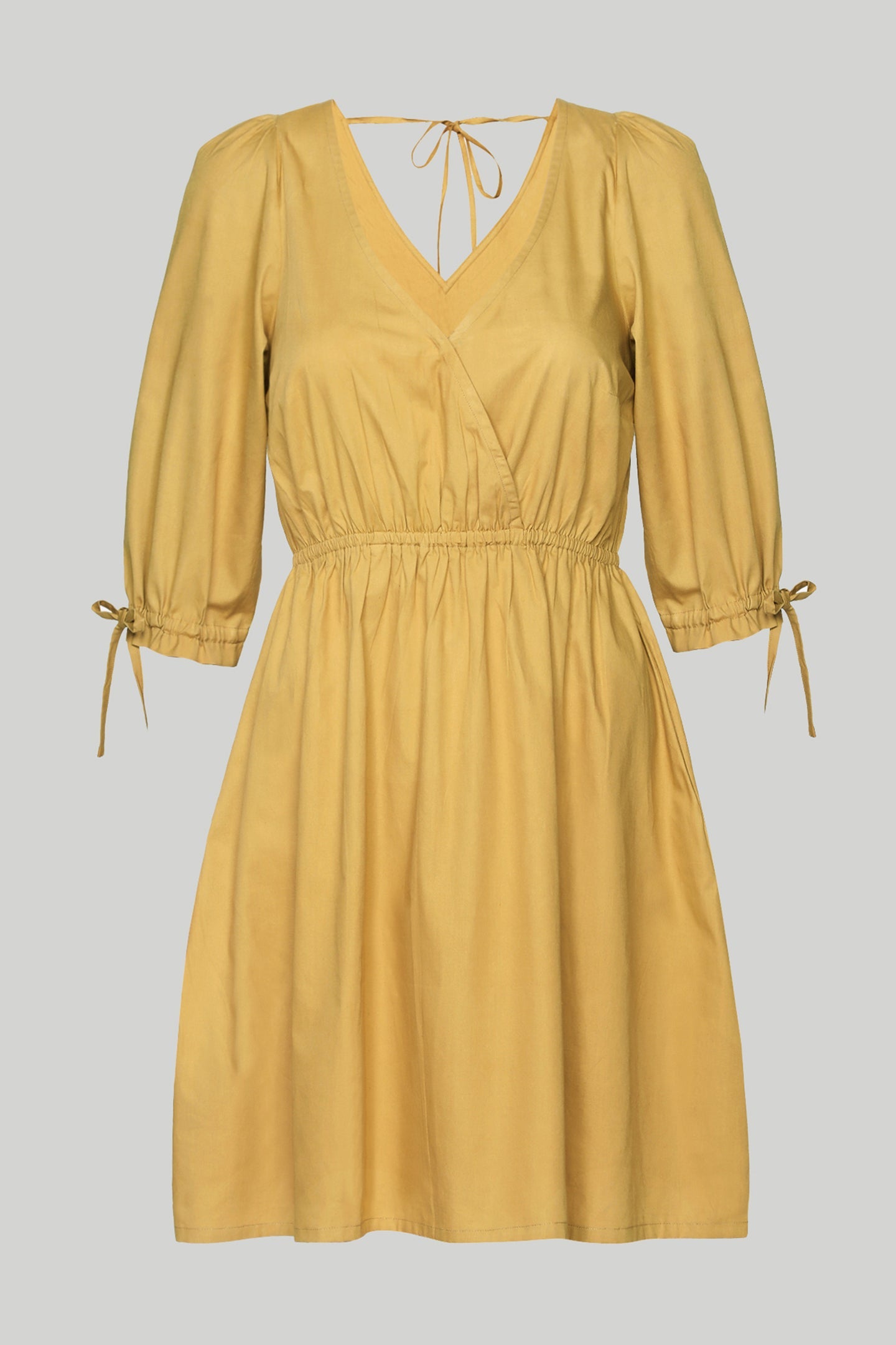 Feminine Short Dress in Mustard with Gathered Elbow Sleeve