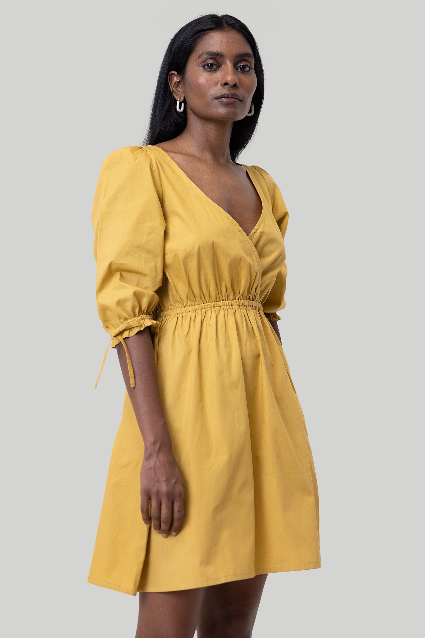 Feminine Short Dress in Mustard with Gathered Elbow Sleeve