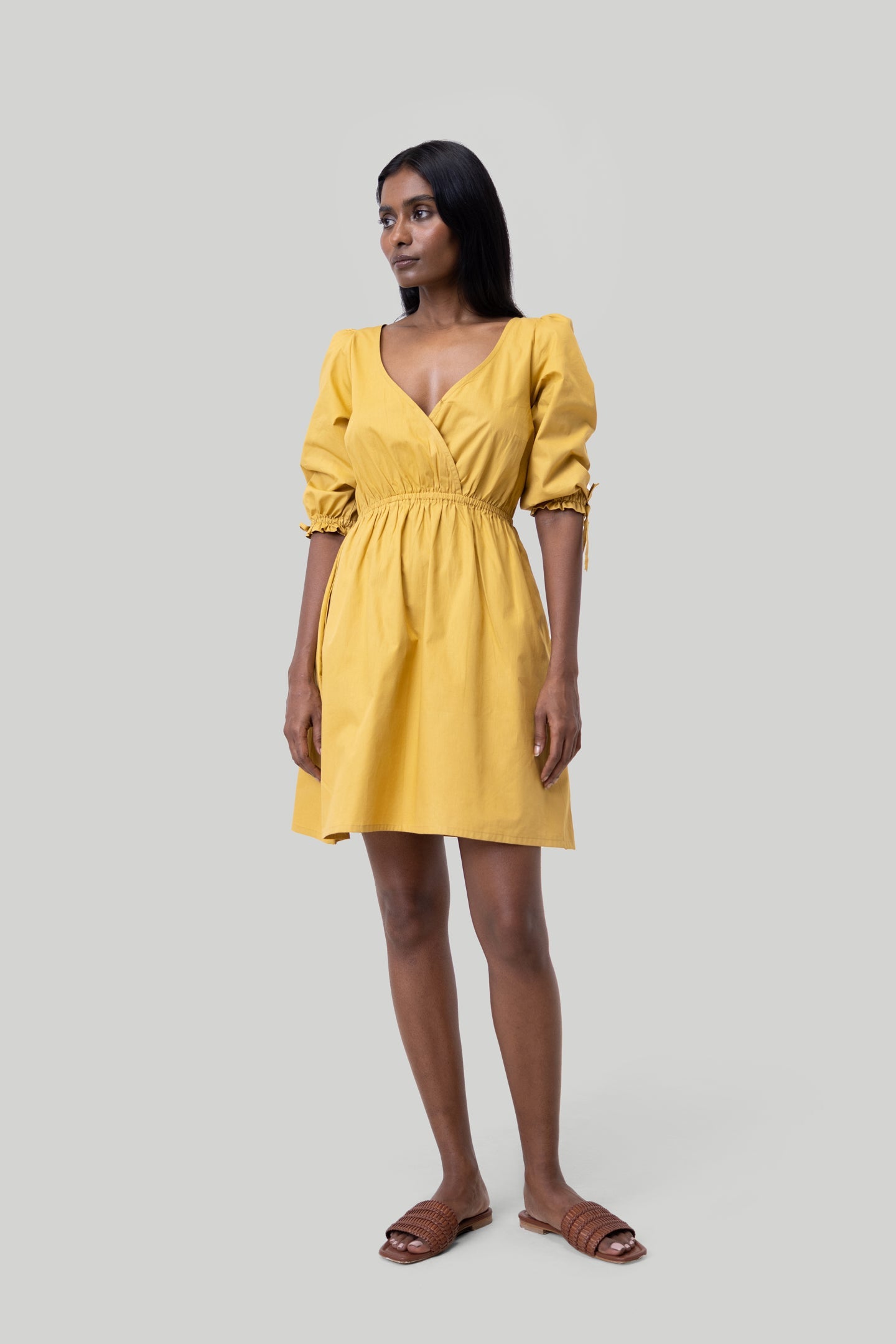Feminine Short Dress in Mustard with Gathered Elbow Sleeve