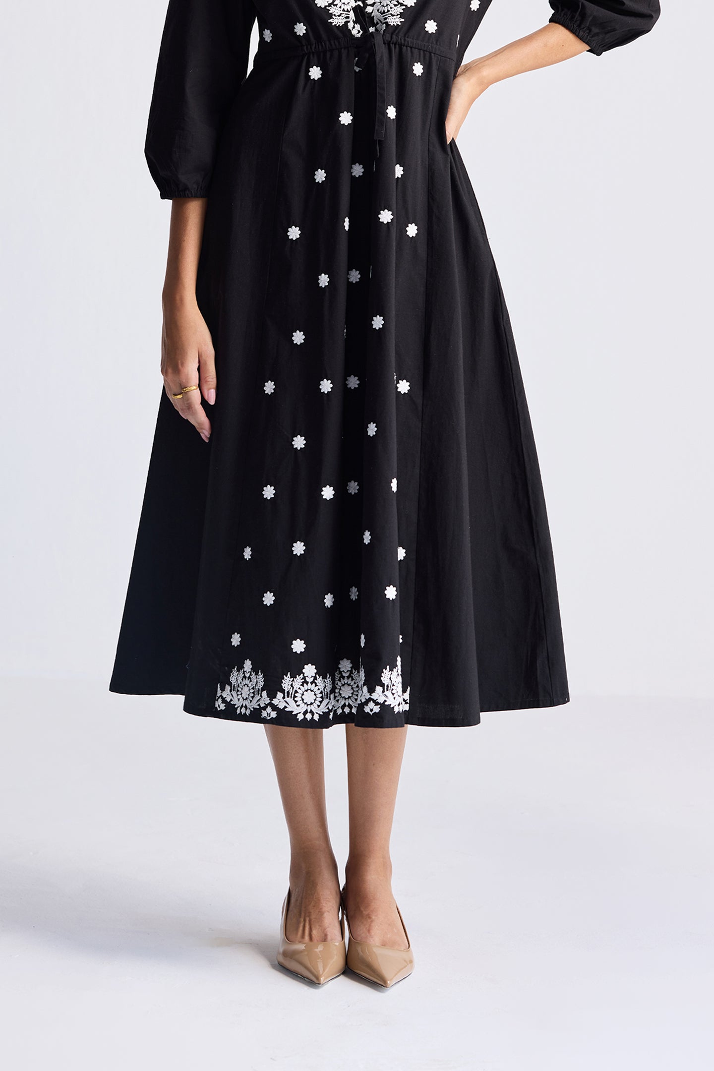 100% Cotton Embroidered Dress in Black