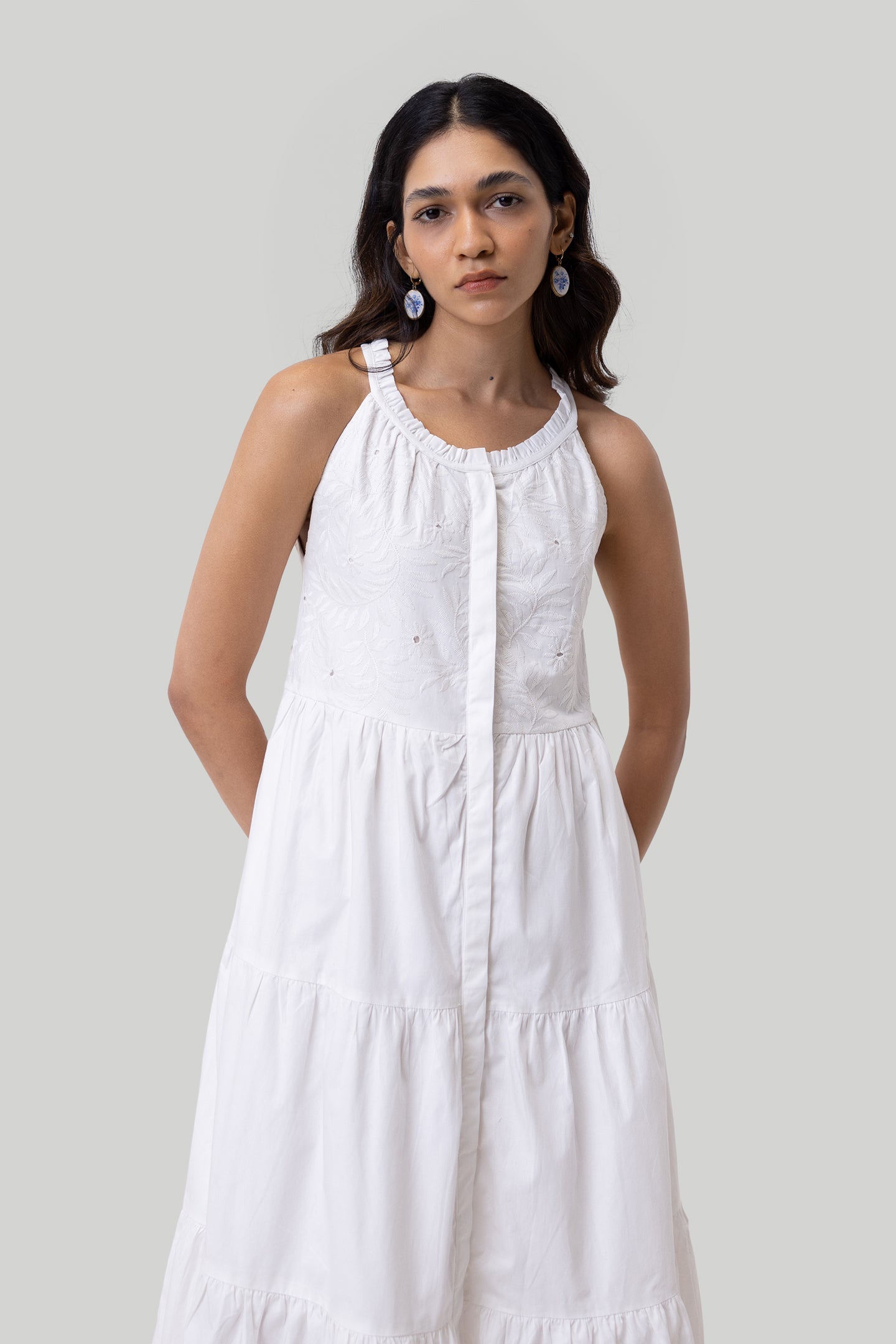 Sleeveless Embroidered Tiered Maxi Cotton Dress