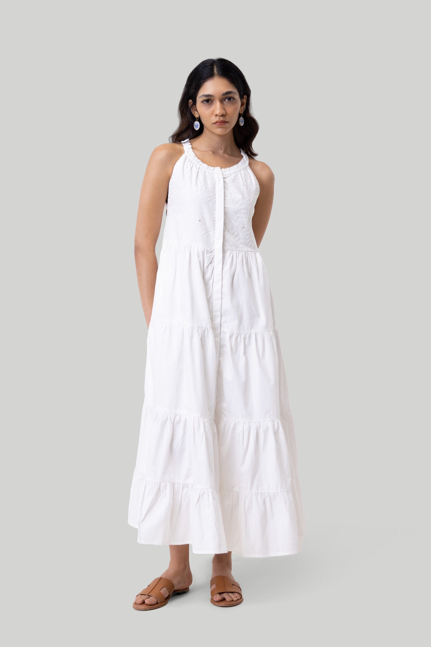 Sleeveless Embroidered Tiered Maxi Cotton Dress