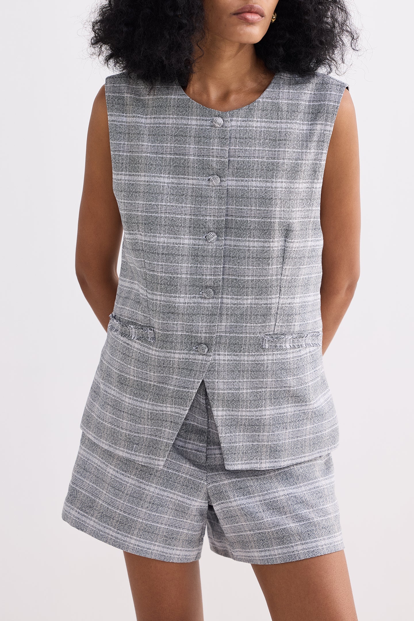 Cotton Tweed Vest Jacket and Shorts Set in Grey