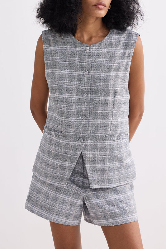 Cotton Tweed Vest Jacket and Shorts Set in Grey