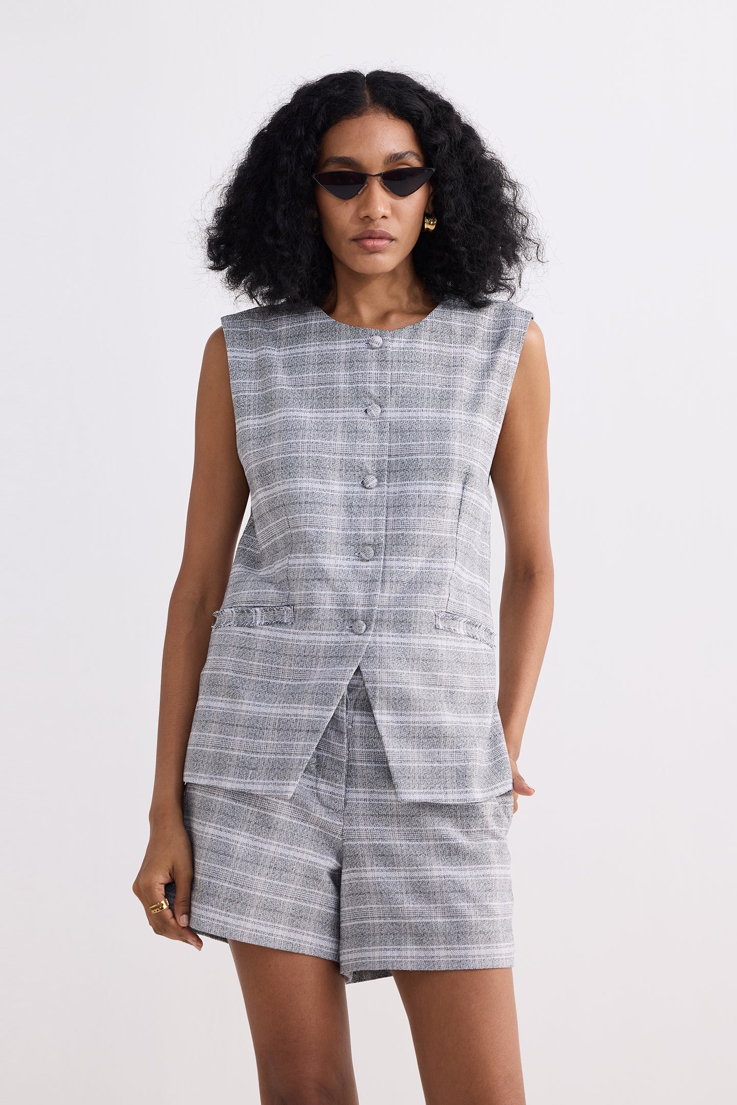 Cotton Tweed Vest Jacket and Shorts Set in Grey