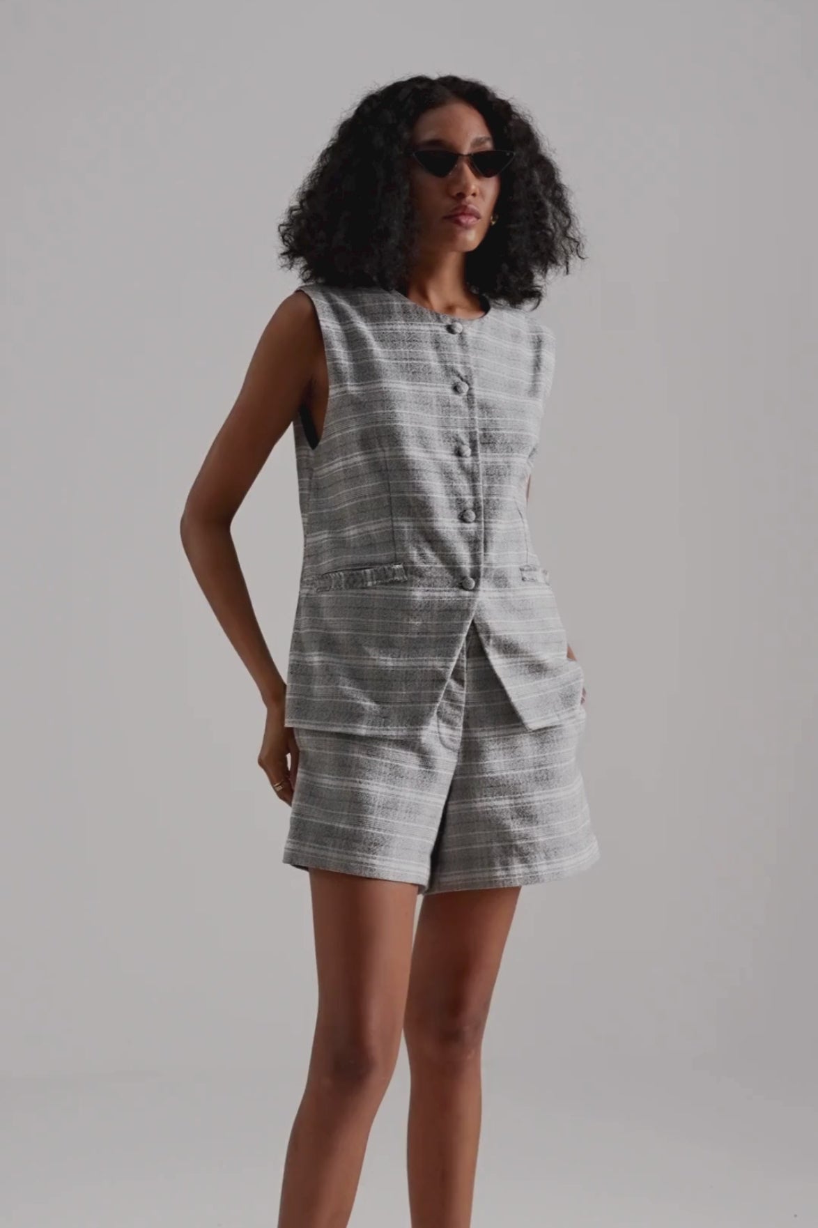 Cotton Tweed Vest Jacket and Shorts Set in Grey
