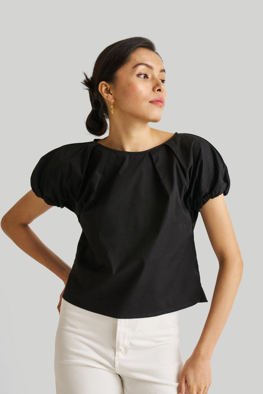 Cotton Balloon Sleeve Top in Black
