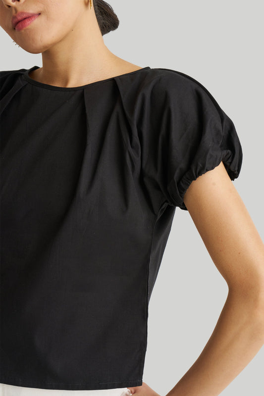 Cotton Balloon Sleeve Top in Black