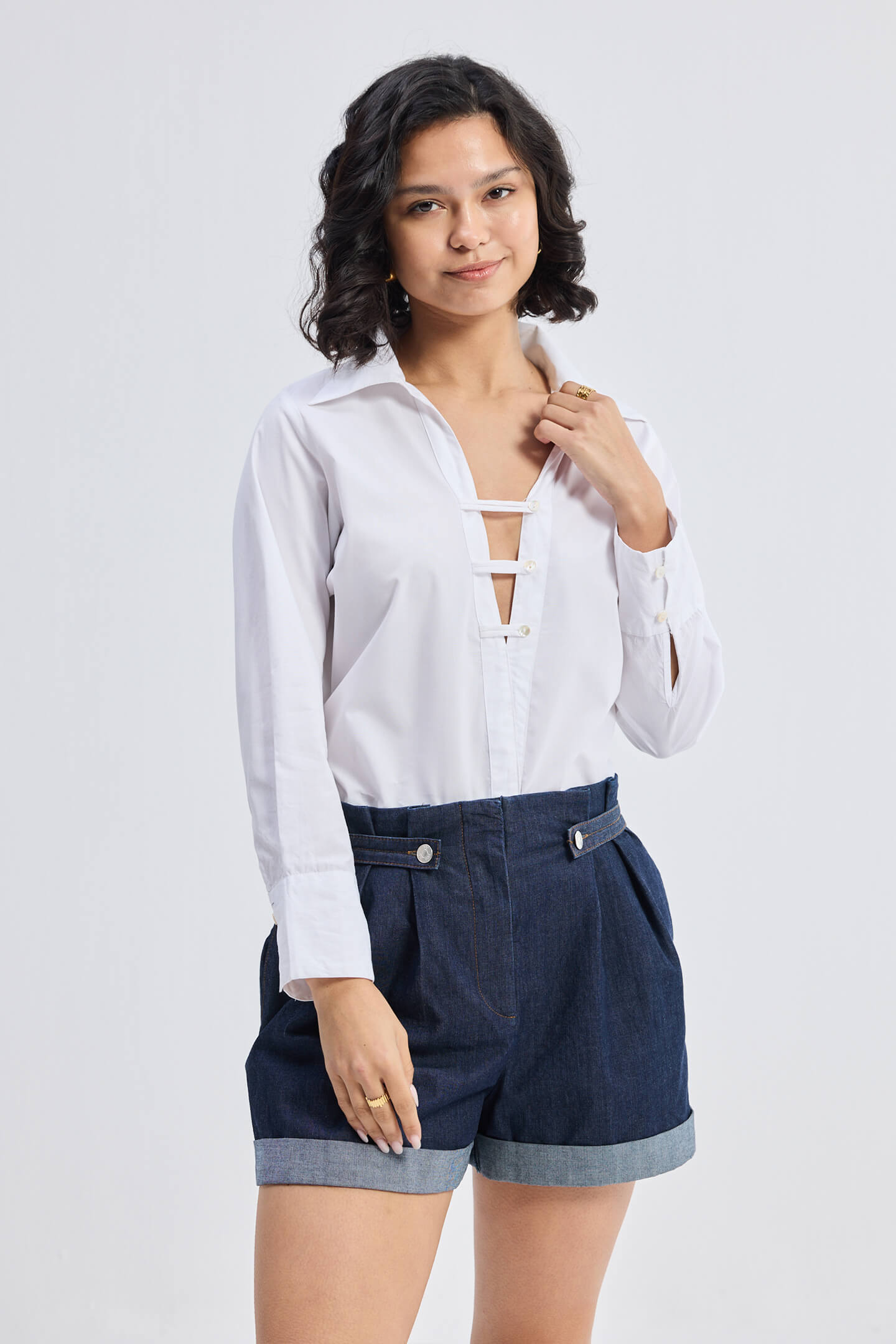Woman's Button-down Shirt in White with Crisp Details