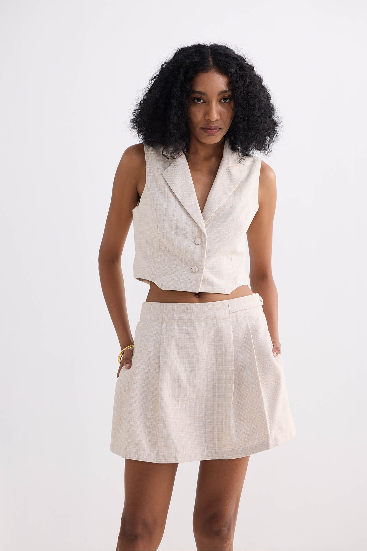 Cropped Cotton Tweed Vest in Cream