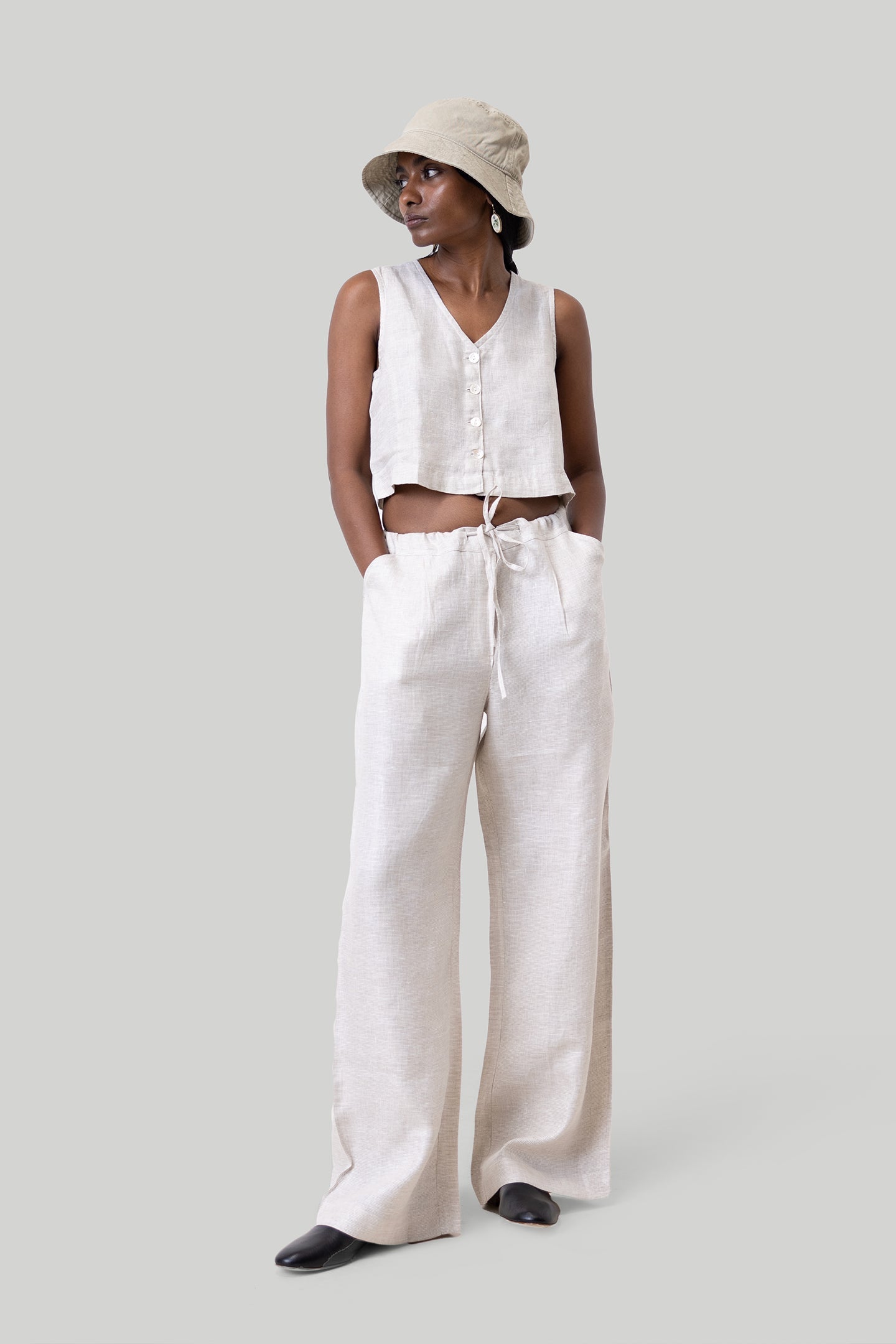 Cropped Linen Vest Top in Ecru