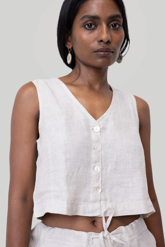 Cropped Linen Vest Top in Ecru