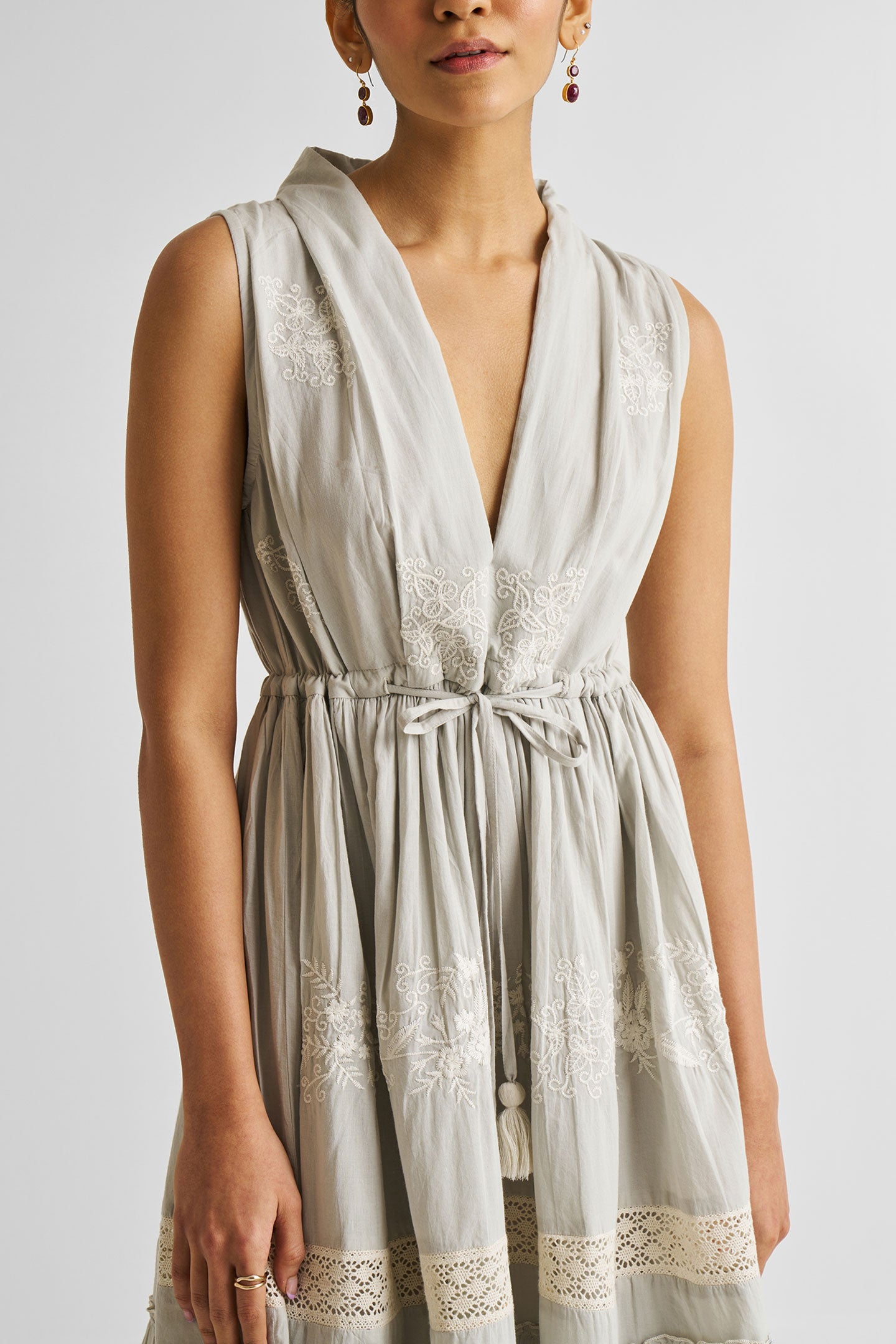 Cotton Embroidered Gathered Dress in Grey