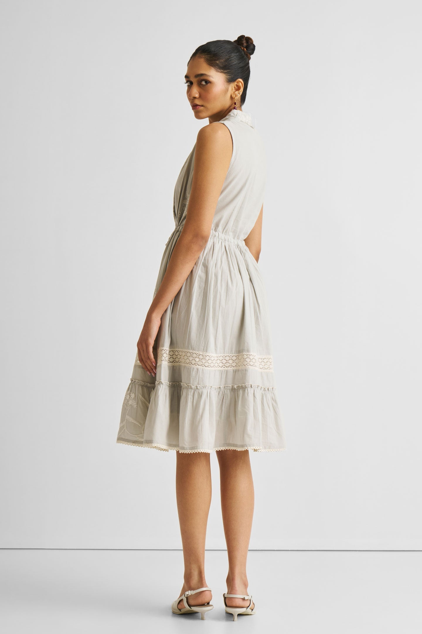 Cotton Embroidered Gathered Dress in Grey