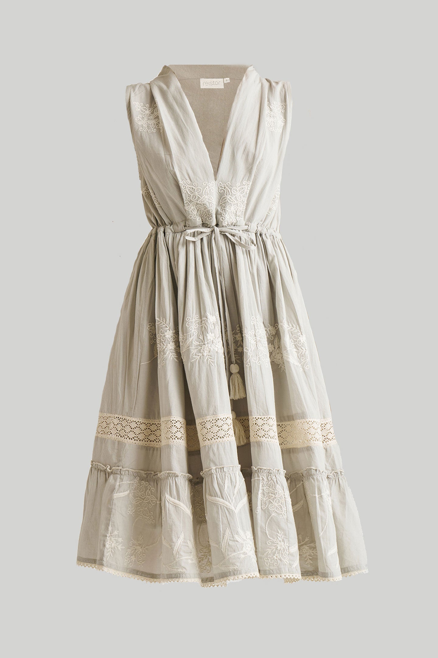 Cotton Embroidered Gathered Dress in Grey
