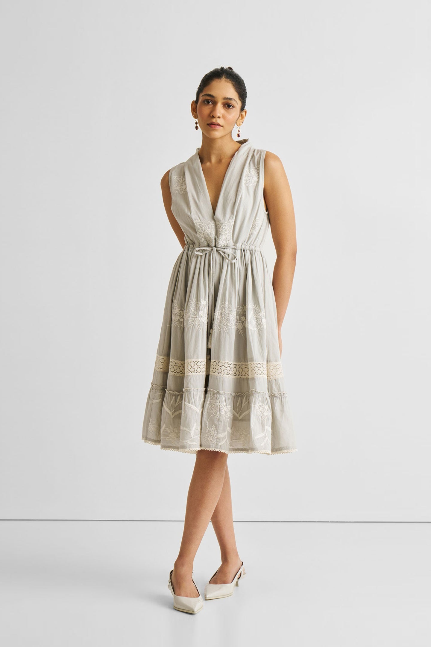 Cotton Embroidered Gathered Dress in Grey