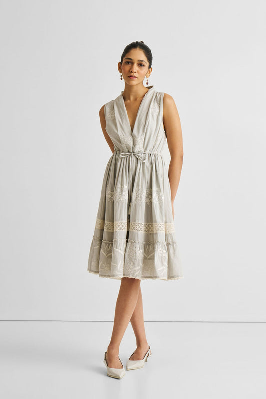 Cotton Embroidered Gathered Dress in Grey