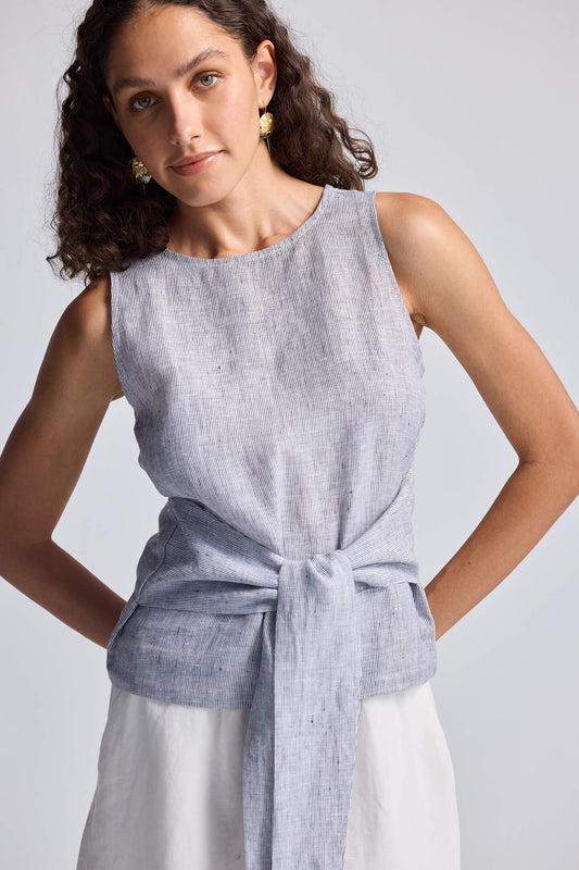Front-tie Top in Stripes 100% Linen