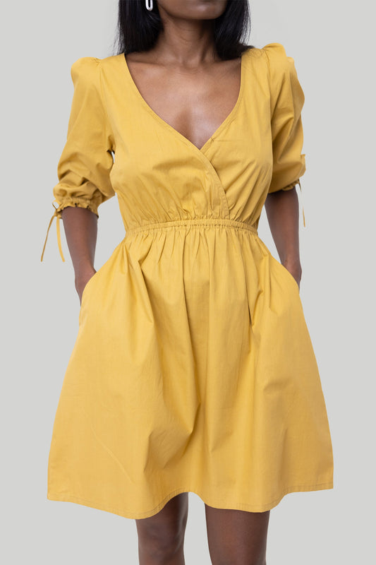Feminine Short Dress in Mustard with Gathered Elbow Sleeve