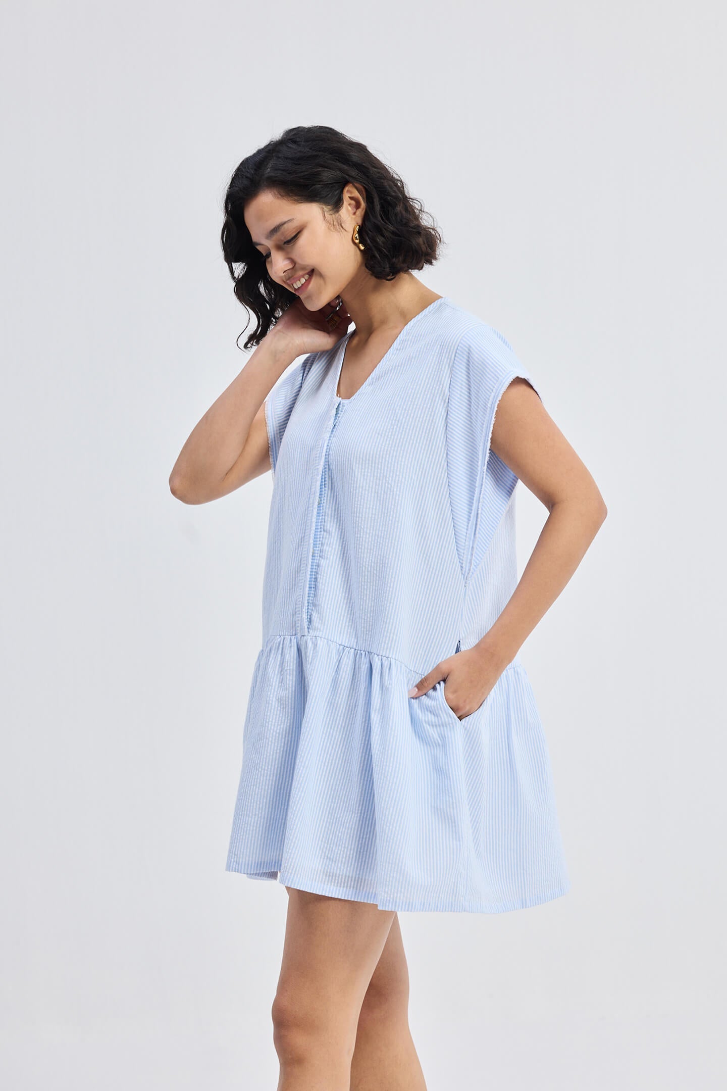 Oversized V neck Short Dress made from Cotton
