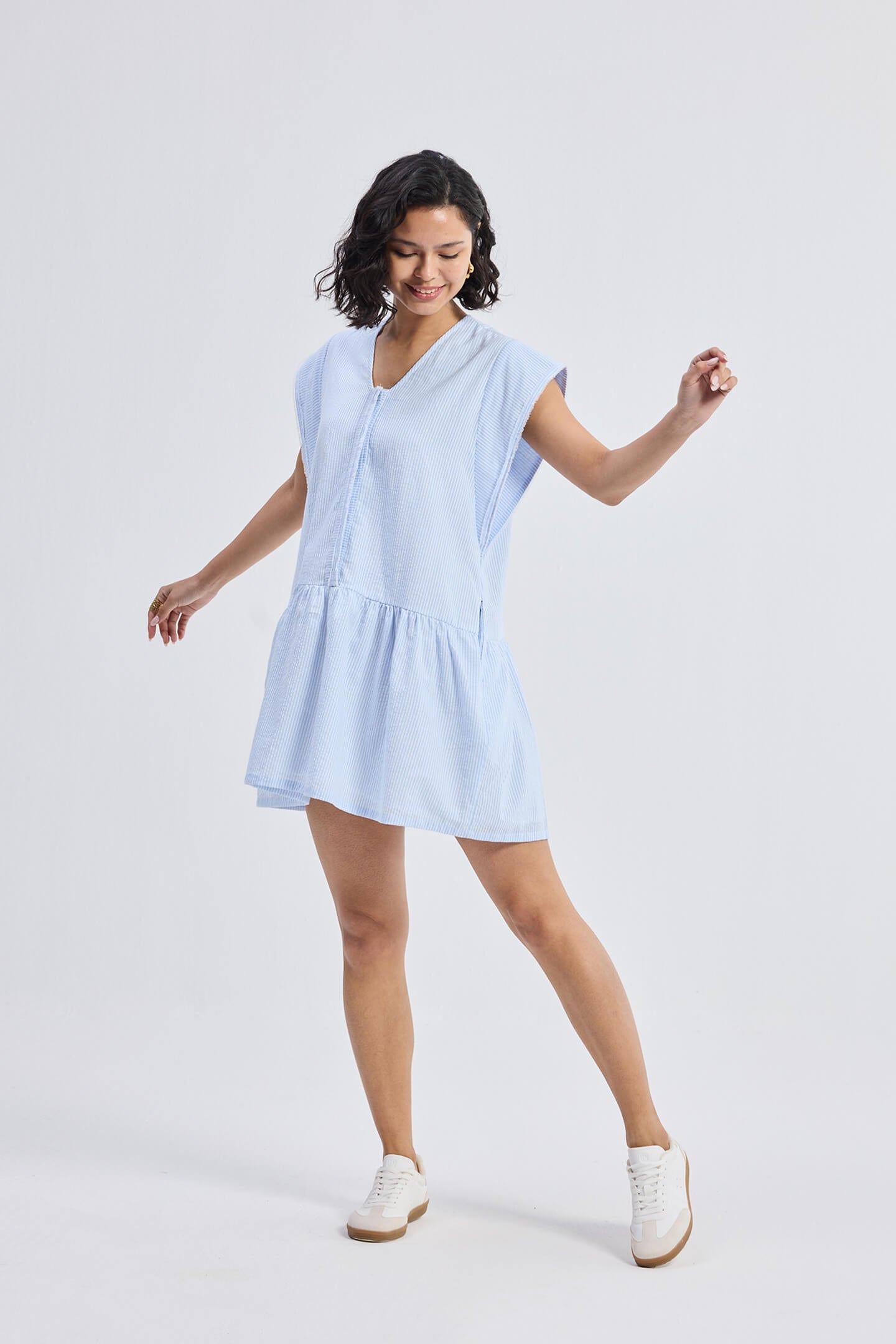 Oversized V neck Short Dress made from Cotton