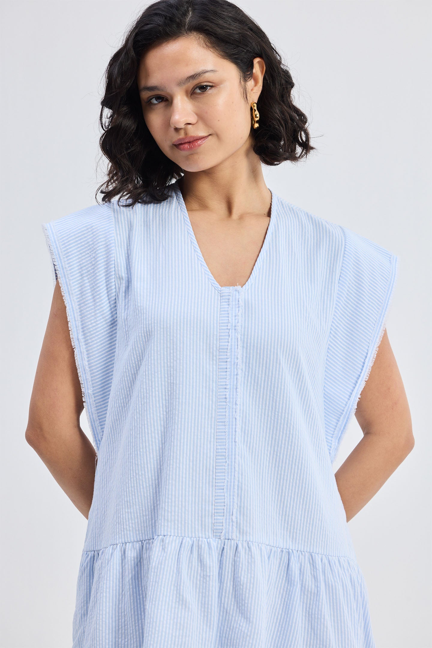 Oversized V neck Short Dress made from Cotton