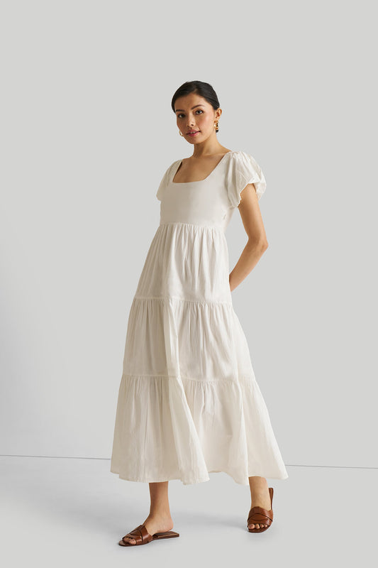 Puff Sleeve Tiered Cotton Dress in White