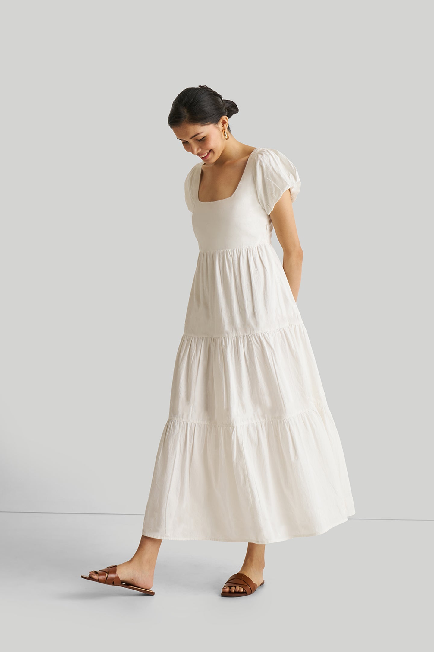 Puff Sleeve Tiered Cotton Dress in White