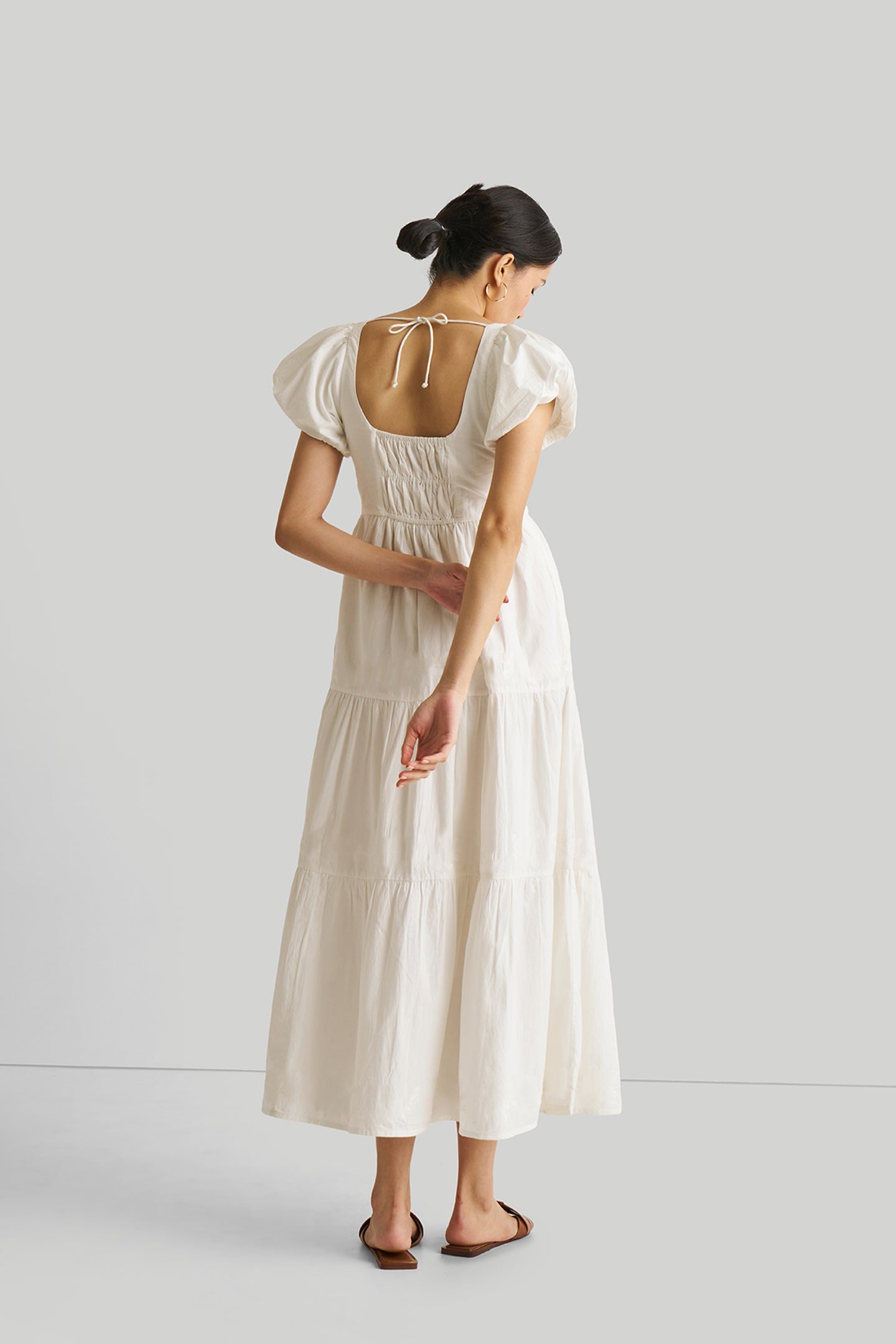 Puff Sleeve Tiered Cotton Dress in White