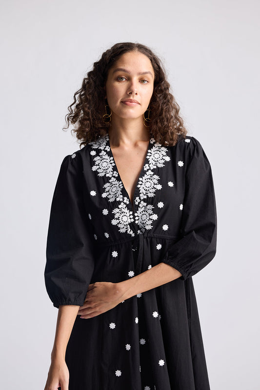 100% Cotton Embroidered Dress in Black