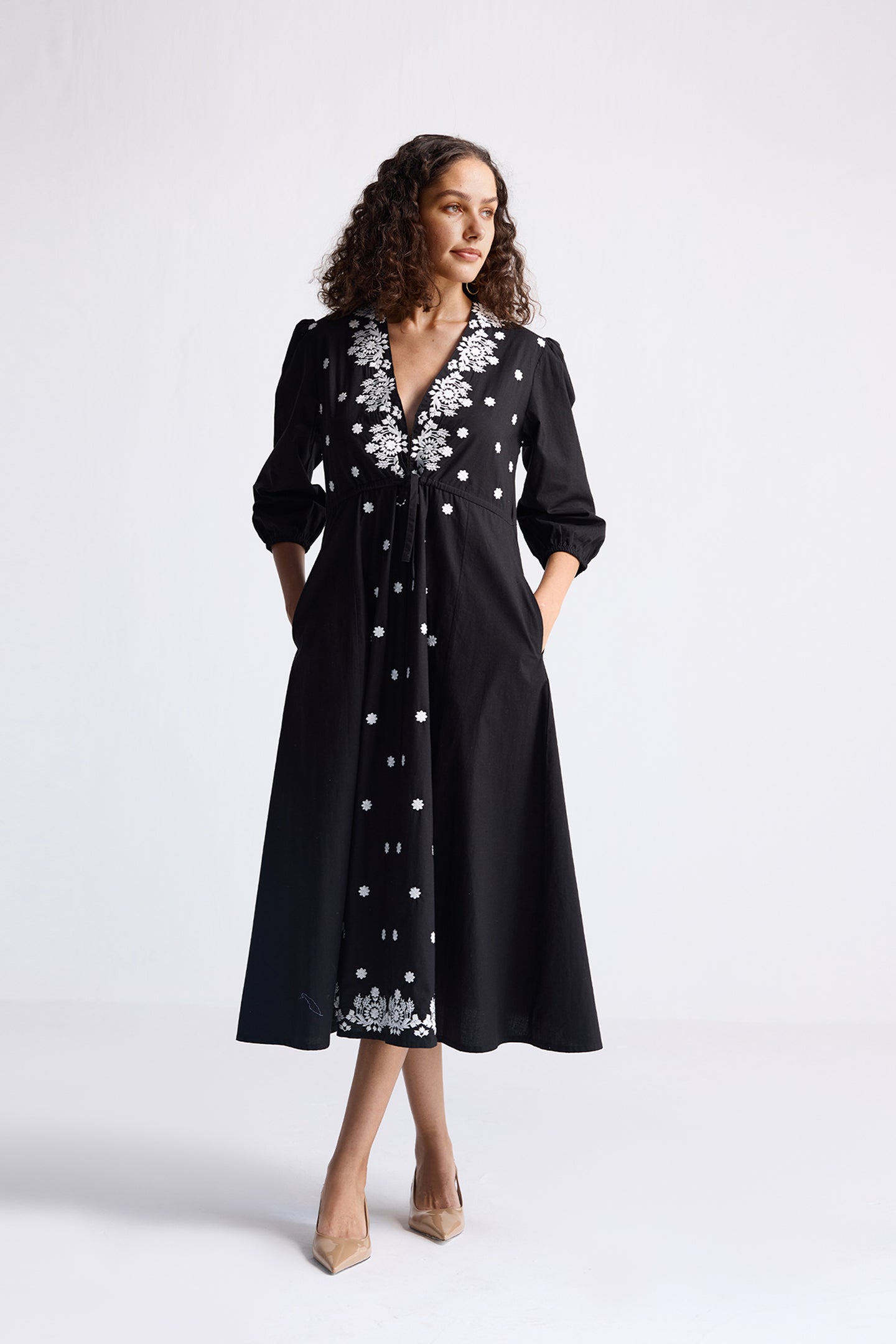 100% Cotton Embroidered Dress in Black