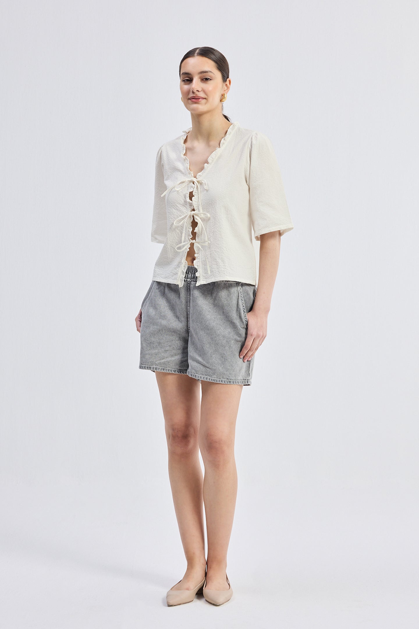 Relaxed Fit Top With Ruffles and Front-Ties in Cream, 100% Cotton