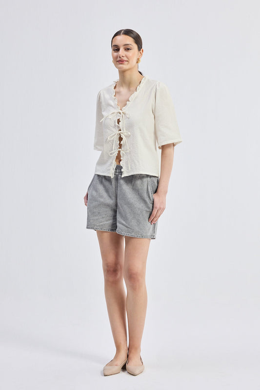 Relaxed Fit Top With Ruffles and Front-Ties in Cream, 100% Cotton