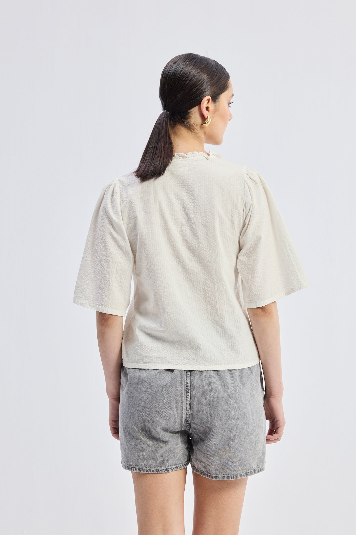 Relaxed Fit Top With Ruffles and Front-Ties in Cream, 100% Cotton