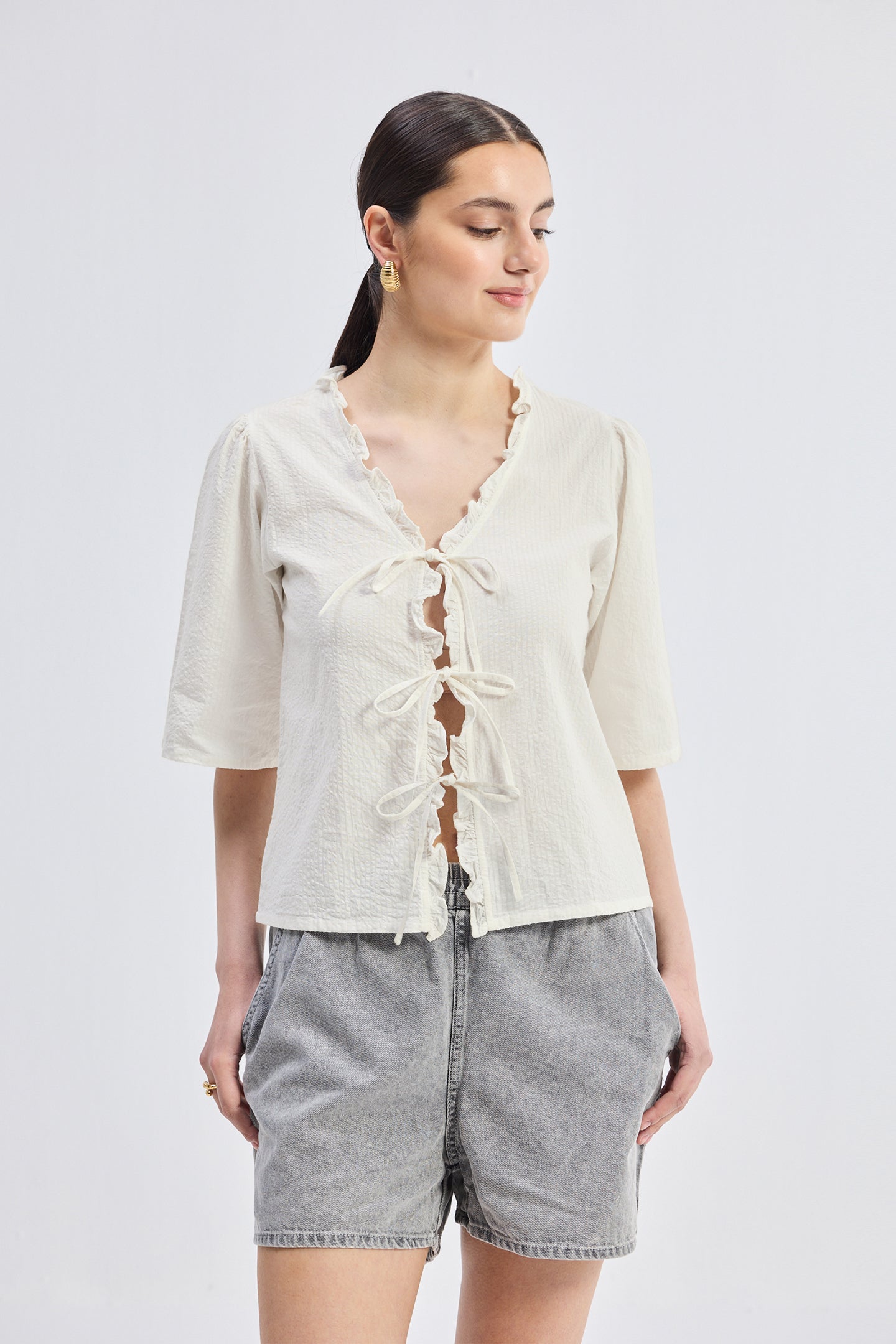 Relaxed Fit Top With Ruffles and Front-Ties in Cream, 100% Cotton