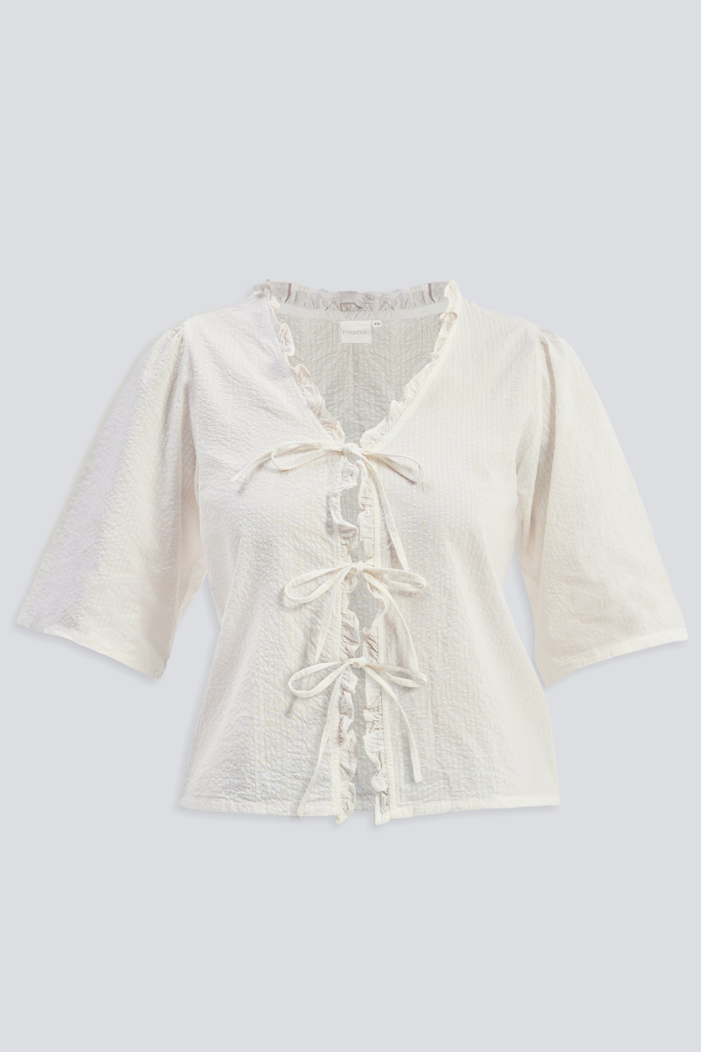 Relaxed Fit Top With Ruffles and Front-Ties in Cream, 100% Cotton