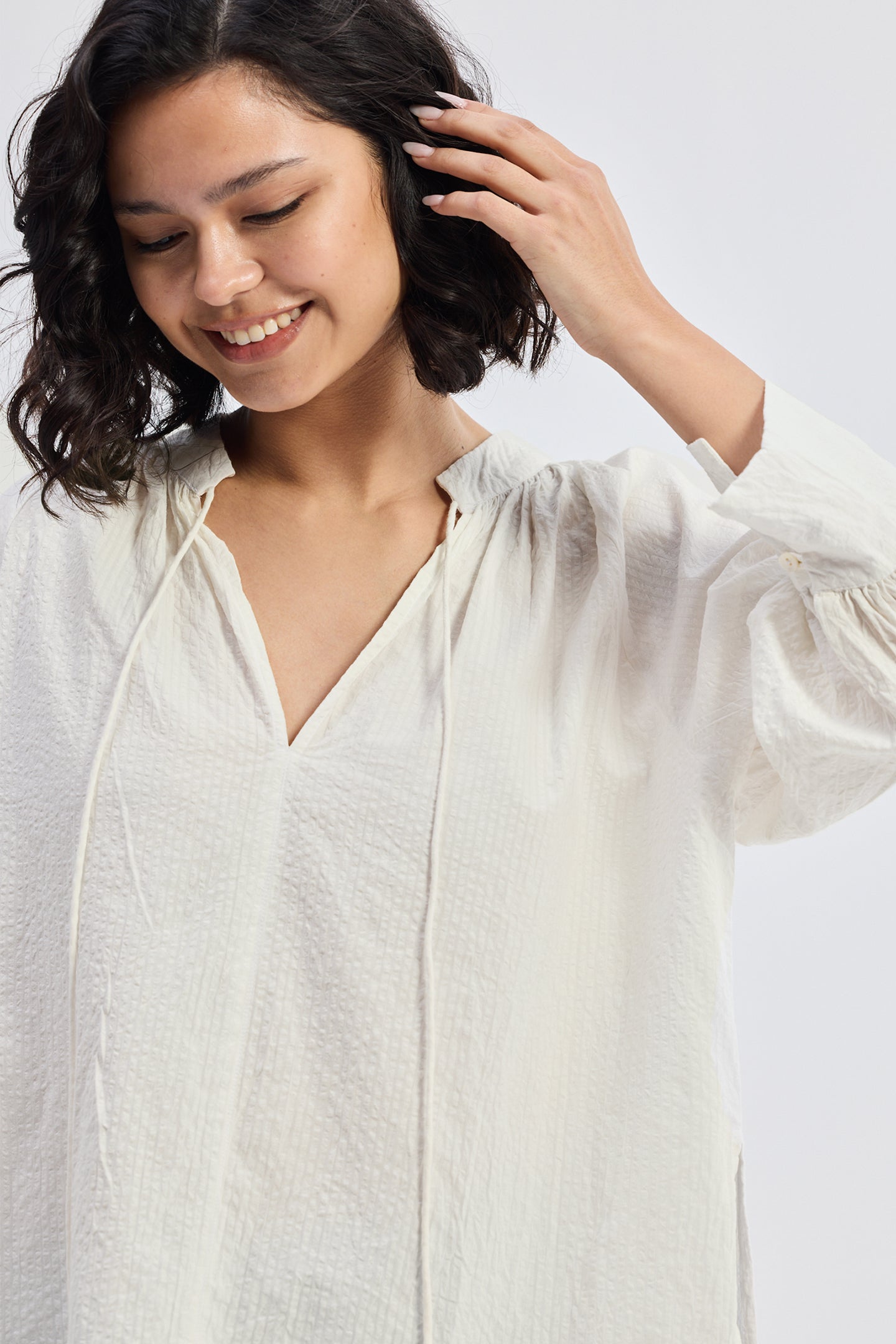 Relaxed Fit Top with Front-tie in Cream